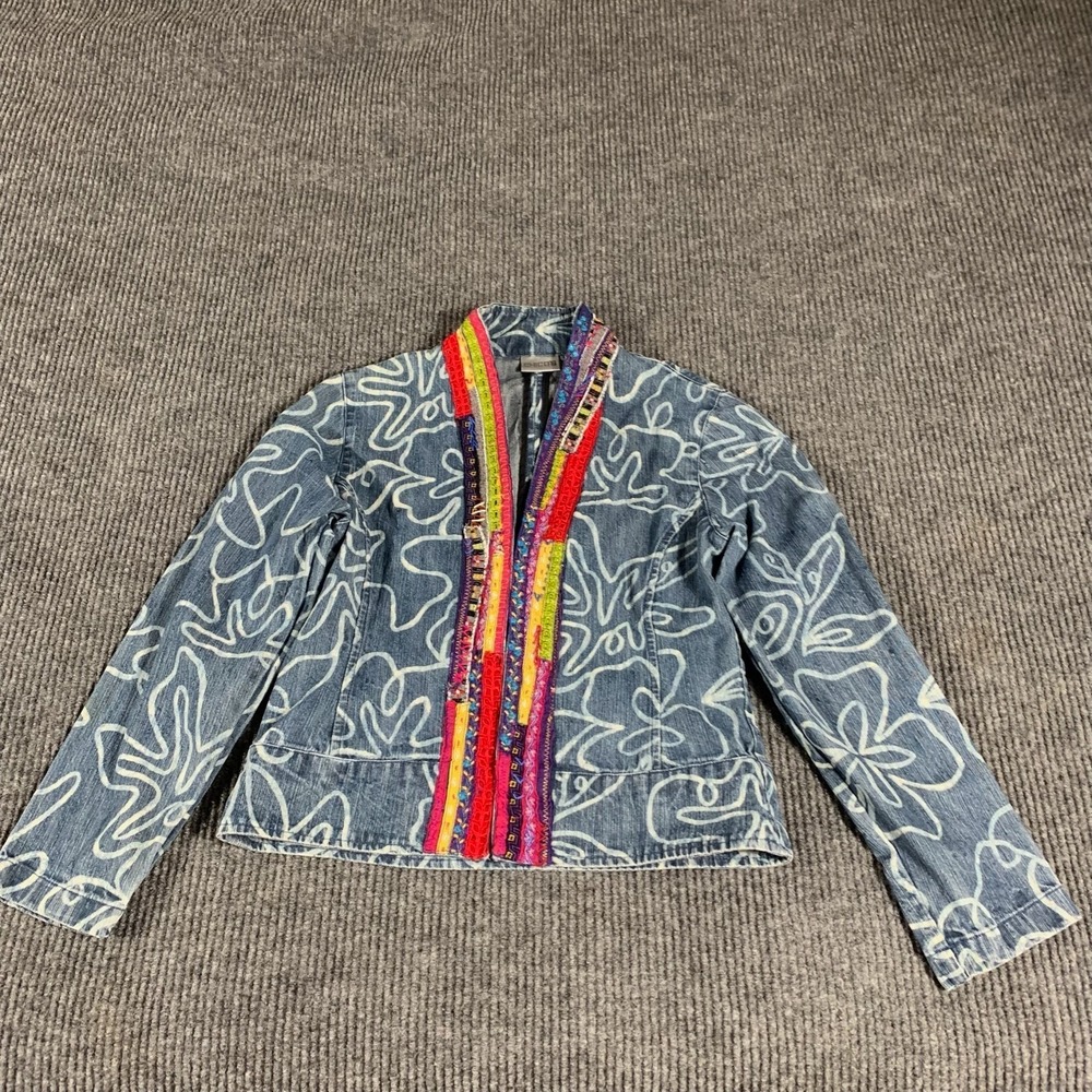 Chicos Jacket Womens Size 0 Small Blue Denim Zip Up AOP Colorful Tribal Hippie